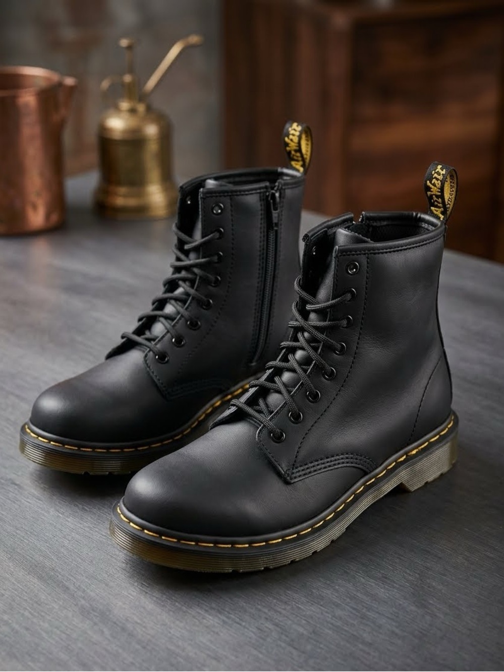 Dr. Martens Black Leather Lace-Up Boots with Yellow Stitching